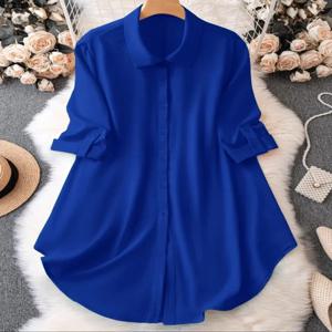 플러스 사이즈 1XL-5XL 패션 여성 턴 다운 칼라 블라우스 여성용 버튼 업 캐주얼 시크 솔리드 컬러 롤업 슬리브 탑 셔츠