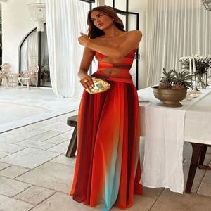 타이다이 그라데이션 홀터넥 여성 맥시 드레스 우아한 오프숄더 A라인 롱 드레스 2025년 여름 신상 휴가 여성 의류