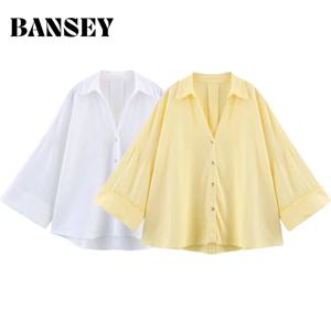 봄/여름 2025 칼라 버튼 디자인 와이드 슬리브 미니멀리스트 홀리데이 스타일을 위한 여성 캐주얼 루즈 셔츠