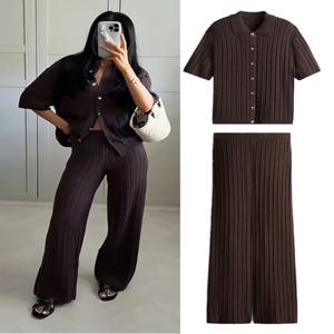 니트 팬츠 세트 여성용 솔리드 턴다운 칼라 반소매 탑스 엘라스틱 웨이스트 스트레이트 바지 2025 가을 시크 여성 의상