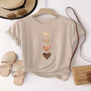여성용 캐주얼 반소매 티셔츠, 하트 4개 그래픽 프린트 - 블랙 & 골든, 미디엄 스트레치 라운드 넥