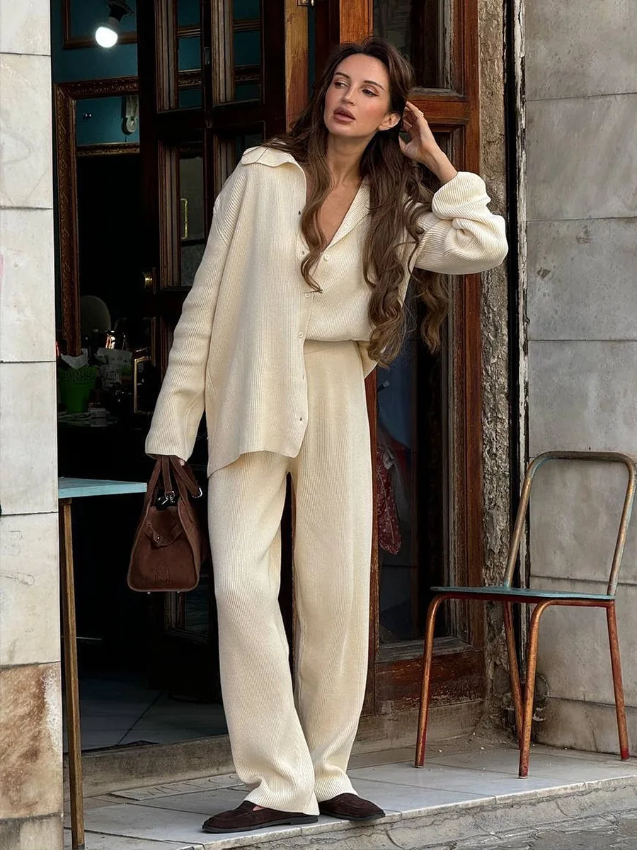 본레이디스 가을 겨울 신상 니트 가디건 팬츠 세트 루즈핏 투피스 캐주얼 스웨터 슈트 여성용 두꺼운 따뜻한 부드러운 니트 의상