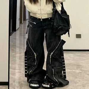 여성용 블랙 카고 헐렁한 청바지 라인 Y2K American High Street 하라주쿠 미적 빈티지 디자인 와이드 레그 청바지 바지 의류