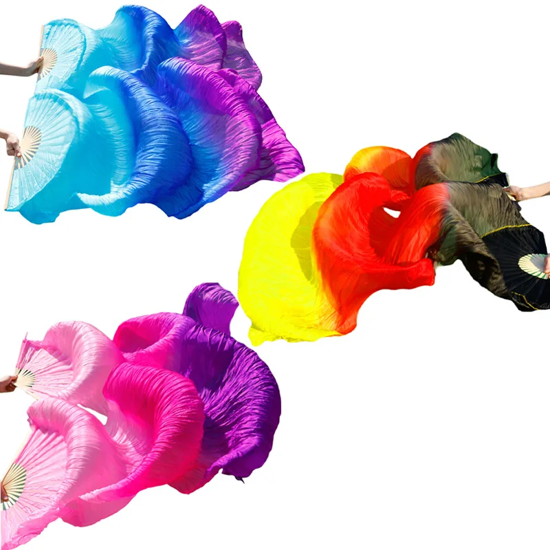 밸리 댄스 팬 100% 진짜 실크 베일 1pc 왼손 + 1pc 오른손 대나무 수제 염색 색상 성능 연습 춤 팬