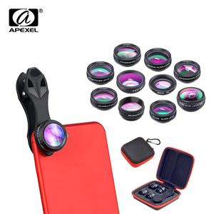 APEXEL 10 in 1 전화 카메라 렌즈 키트 Fisheye 광각 매크로 렌즈 망원경 렌즈 CPL 필터 스마트 폰용 플로우 렌즈