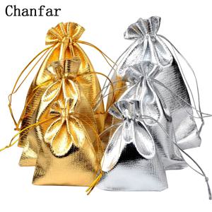 50 개/몫 7x9 9x12 10x15cm 조정 가능한 보석 포장 패브릭 가방 골드 색상 Drawstring 웨딩 스토리지 파우치