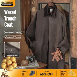 Maden 남성 빈티지 왁스 처리 코트 벨벳 칼라 중장기 코트 바람과 물을 막는 브라운 코트 가을용 느슨한 코트