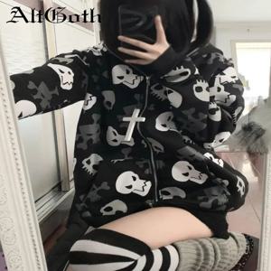AltGoth Cyberpunk Y2k 스웨트 여성 몰 고스 하라주쿠 해골 프린트 긴 소매 지퍼 카디건 까마귀 Emo Alt Indie Clothes