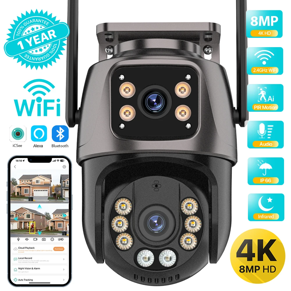 4K 8MP HD Wifi PTZ 카메라 야외 4MP 듀얼 렌즈 듀얼 스크린 AI 자동 추적 IP 카메라 CCTV 오디오 비디오 감시 P2P iCSee