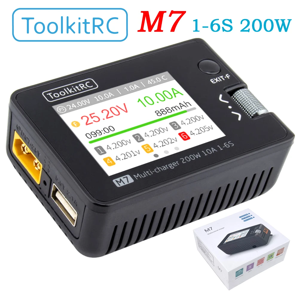 ToolkitRC M7 200W 10A DC 밸런스 충전기 방전기, 전압 서보 검사기 ESC 테스터 수신기 LCD IPS가있는 1-6S Lipo 배터리 용