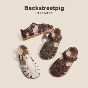 어린이 샌들 소녀 패션 로마 브레이드 정품 가죽 샌들, 미끄럼 방지 부드러운 바닥, 여름 신발 크기 22-31