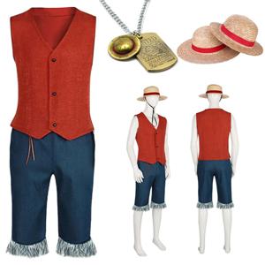 Luffy Cosplay Monkey D Luffy 의상 빨간 조끼 반바지 모자 로프 애니메이션 복장 성인 남성 할로윈 파티