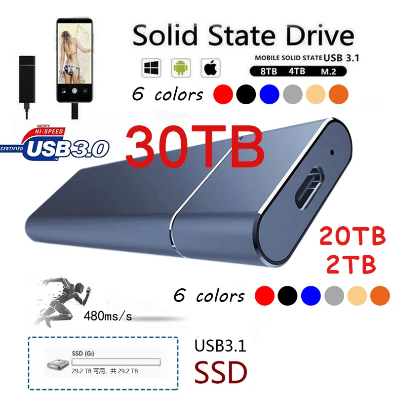 외부 2TB/20TB/30TB Ssd 고속 솔리드 스테이트 드라이브 Type-C/USB 3.1 인터페이스 PC 노트북 MAC용 휴대용 하드 디스크