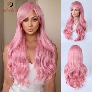핑크색 대각선 앞머리 여성용 긴 웨이브 가발 일상용 코스프레용 내열성 섬유 합성 가발(26인치)