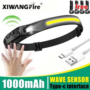 COB LED 헤드램프 센서 헤드라이트(배터리 내장형 손전등 포함) USB 충전식 헤드 램프 토치 5가지 조명 모드 작업등