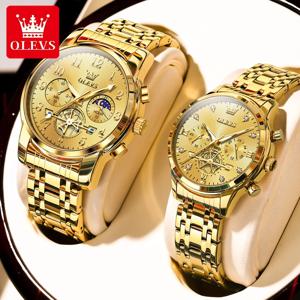 OLEVS 새로운 플라이휠 디자인 럭셔리 커플 시계 방수 달의 위상 크로노 그래프 브랜드 남성 여성을위한 원래 석영 손목 시계