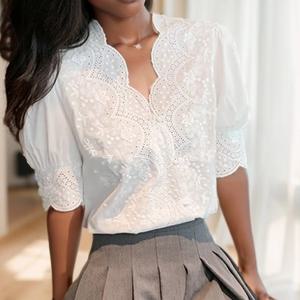 여름 레이스 자수 여성 블라우스 패션 속이 빈 세련된 우아한 흰색 셔츠 빈티지 캐주얼 하프 슬리브 탑 Blusas 13102
