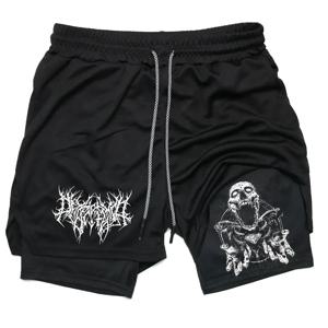 Y2K 성능 반바지 남자 빠른 건조 피트니스 해골 인쇄 더블 레이어 반바지 운동 훈련 러닝 보디 빌딩 Sportwear
