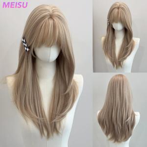 MEISU 22 인치 합성 에어 뱅스 가발 스트레이트 레이어드 스트레이트 가발 섬유 내열성 파티 또는 셀카 여성용 매일 사용