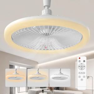 모던 소형 천장 선풍기 조명, E27 LED D25cm 스마트 리모컨 침실 팬 램프, 서재 주방 홈 장식
