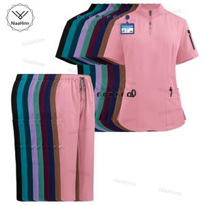 바지 세트 반팔 탑 스크럽 솔리드 컬러 수술 가운 의료 액세서리 매니 큐 어사 미용사 간호 스크럽 세트 여성