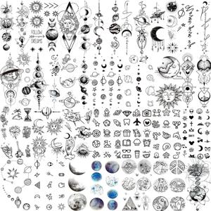 28 시트 우주 공간 여성을위한 임시 문신 남성, 가짜 현실적인 스타 썬 문 문신 스티커 어린이 행성 목 문신