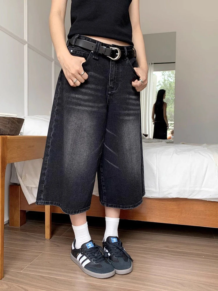 하이 웨스트 블랙 레트로 워시 데님 반바지 여성 하라주쿠 빈티지 패션 캐주얼 루즈 Y2K streetwear 미드 롱 와이드 레그 팬츠