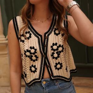 여성용 꽃 크로 셰 뜨개질 양복 조끼 쉬어 버튼 프론트 민소매 오픈 니트 탑 Teen-girl Summer Boho Vacation Outfit