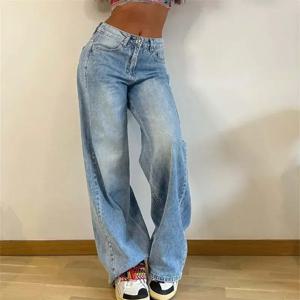 빈티지 아메리칸 스타일 스트레이트 청바지 여성 하이 웨스트 캐주얼 루즈 데님 바지 여성 편안한 통근 넓은 다리 바지 24