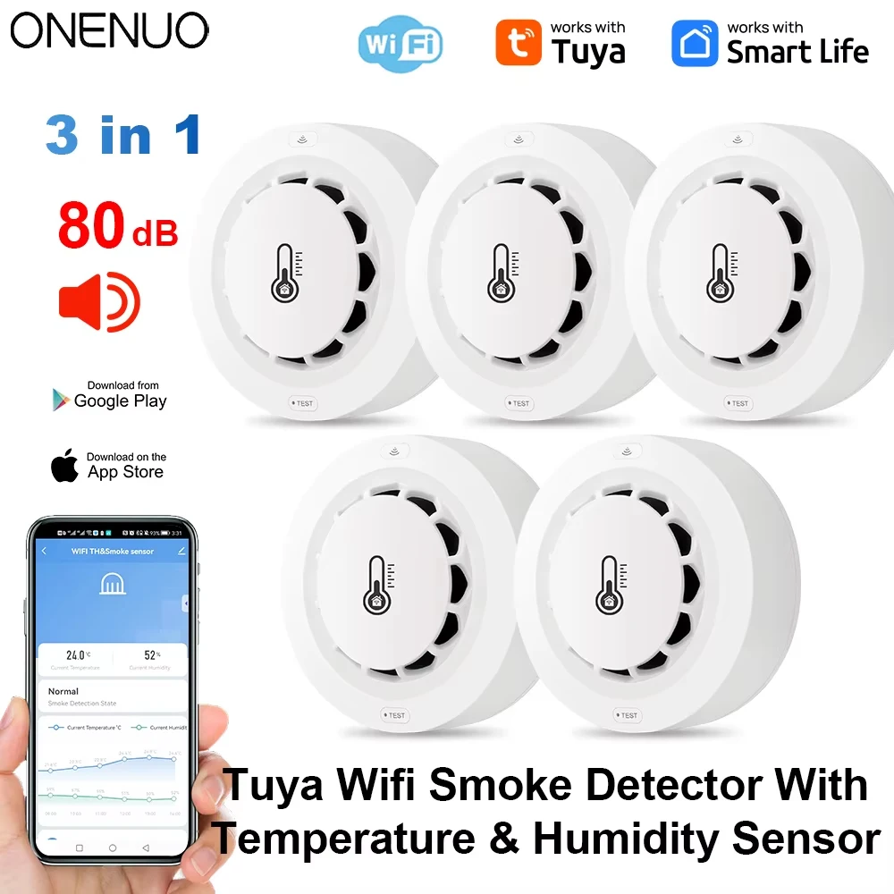 Tuya Wifi BT 2 연결 연기 감지기 온도 습도 측정 장치 80dB 사운드 알람 원격 푸시 경고 기능