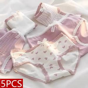 5Pcs 여성을위한 귀여운 사랑 코튼 팬티 속옷 인쇄 팬티 소녀 팬티 통기성 부드러운 속옷 여성 란제리 하이 웨이스트