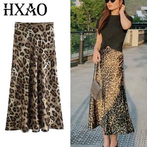 HXAO 레오파드 프린트 여성용 미디 스커트 하이 웨이스트 세련된 롱 스커트 여성용 가을 빈티지 새틴 스커트 우먼 우아한 스커트