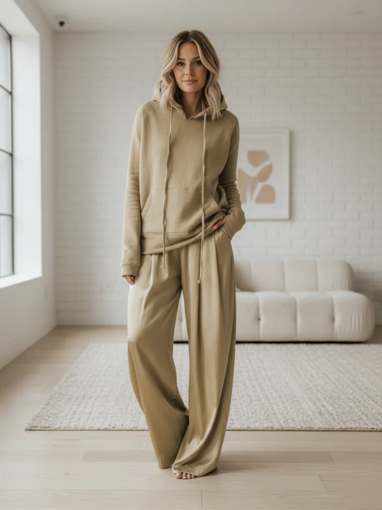 원코지데이 하이웨이스트 와이드 레그 팬츠 & 롱 슬리브 후드 스웨트셔츠 2025 신상 루즈핏 캐주얼 투피스 세트 (여성용)