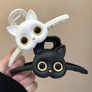 여자 머리 뒤쪽에 귀여운 고양이 큰 접시 머리핀, 상어 클립 그립 클립 머리핀 머리