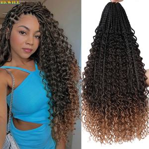 Bewill 1- 8 팩 여신 보헤미안 박스 브레이드 곱슬 끝이 있는 크로셰 헤어 14 18 24 인치 합성 박스 브레이드 헤어 익스텐션