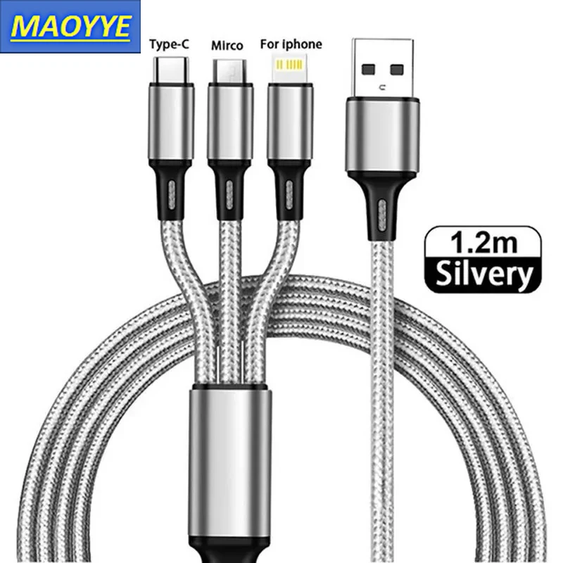 MAOYYE 3 In 1 USB 충전기 고속 충전 케이블 유형 C iPhone 용 마이크로 IOS 멀티 충전기 케이블 Huawei Samsung 나일론 땋은 코드