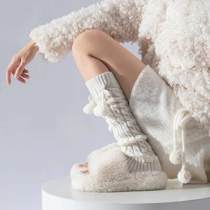 여성용 푹신한 폼폼 양말 레그 워머 니트 화이트 블랙 두꺼운 열 겨울 부츠 커프스 아늑한 부드러운 모직