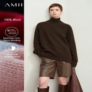 AMII 여성용 다목적 터틀넥 탑, 올울 심리스 일체형, 항균 스웨터 12454040, 미니멀리스트 2024, 겨울