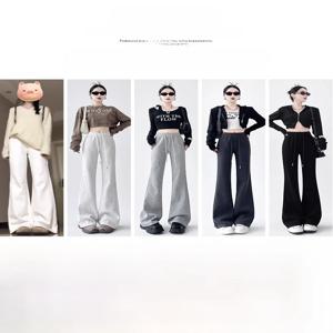 화이트 플리스 안감 플레어 팬츠 여성 캐주얼 슬리밍 스포츠 스웨트팬츠 하이웨이스트 드레이프 말굽 팬츠 가을 겨울 신상품