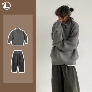 레트로 캐주얼 남성 세트, 하프 하이넥 솔리드 풀오버, 힙합 와이드 레그 청바지, 일본 스트리트 남성 투피스 수트, 가을 신상