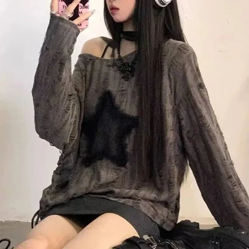 Y2K 홀 스타 프린트 티셔츠 여성 패션 streetwear 오프 숄더 탑 여름 오버 사이즈 kpop 긴 소매 루즈 티셔츠 숙녀 new