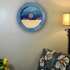매력적인 해파리 바다 테마 나무 간판, 8 인치 원형 컨트리 스타일 농가 장식, 주방 및 카페 벽