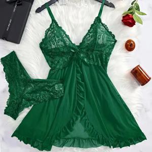 2 Pcs 세트 레이스 잠옷 여성 절묘한 Homewear 새로운 녹색 야간 잠옷 투명 분할 Nightdress v-목 브래지어 팬티 세트