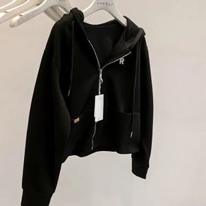 가을 신상 심플 단색 캐주얼 스포츠 숏 후디 오픈 가디건 여성 패션 루즈 긴팔 지퍼 코트