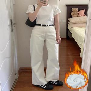 두꺼운 플리스 안감 와이드 레그 하이웨이스트 청바지 여성용 가을 신상 플러스 사이즈 슬림핏 루즈핏 드레이프 데님 바지