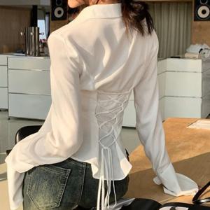 여성용 밴디지 셔츠, 한국 올매치 스트리트웨어, 여성 슬림 블라우스, 용수철 캐주얼 화이트 벨 슬리브 셔츠, 신상 패션