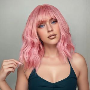 짧은 젖은 물결 모양의 두피 탑 풀 머신 합성 가발 핑크 12인치 180% 밀도(12인치 180% 밀도, 핑크 색상)