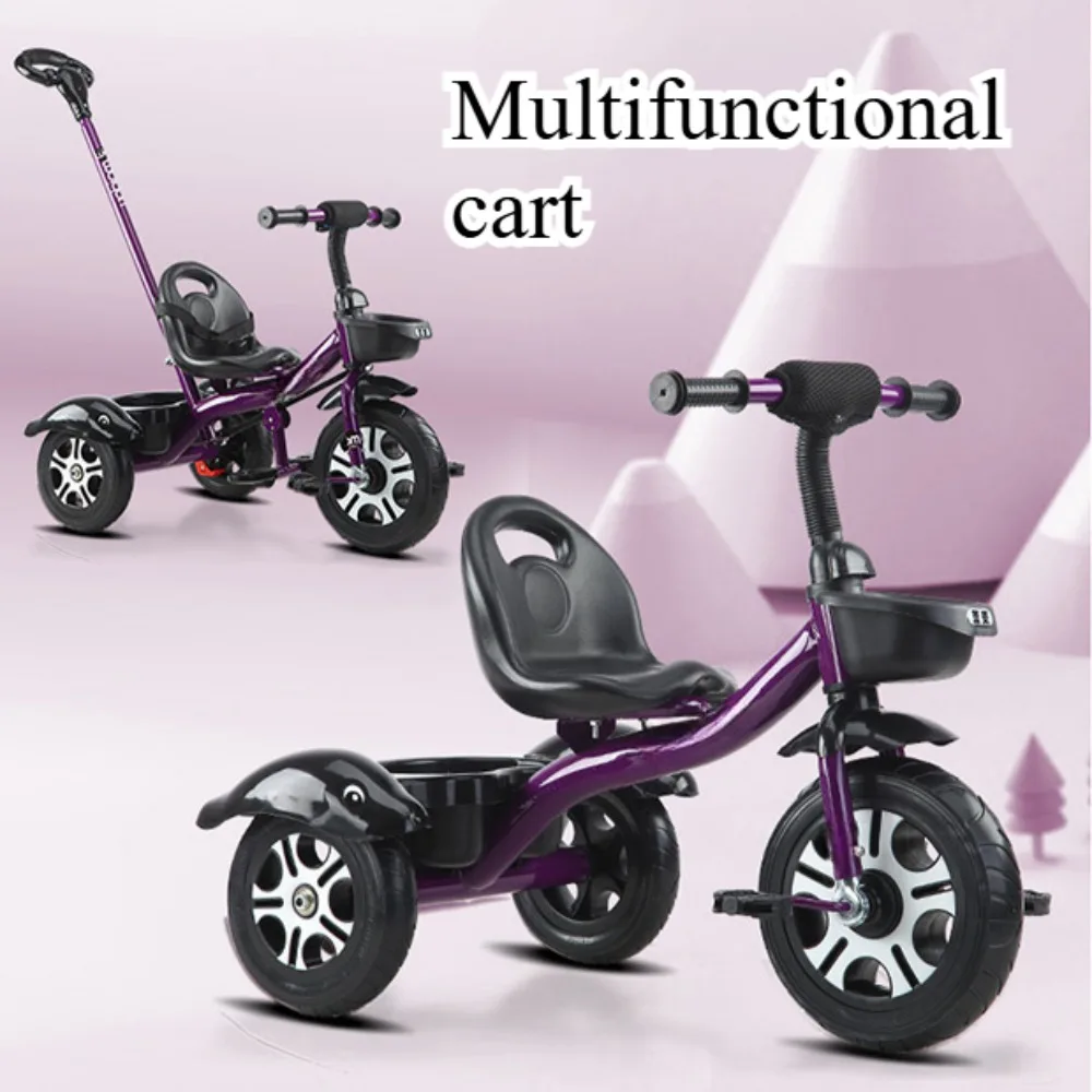 어린이를위한 2 in 1 유아용 세발 자전거 푸시 핸들이있는 Trike 조정 가능한 좌석 보관 바구니 소년 소녀를위한 균형 자전거 생일 선물