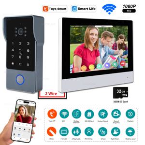 2선 비디오 인터콤 시스템, 7인치 무선 WIFI 모니터 1080P 도어폰 카메라 비디오 초인종 코드 비밀번호 IC 카드 Tuya 잠금 해제