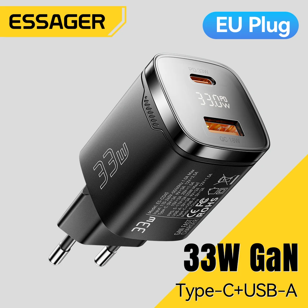 Essager 33W GaN USB 유형 C 충전기 디지털 디스플레이 PD iPhone 16 15 14 Pro Max iPad Mini 6 Xiaomi Samsung S22 용 고속 충전